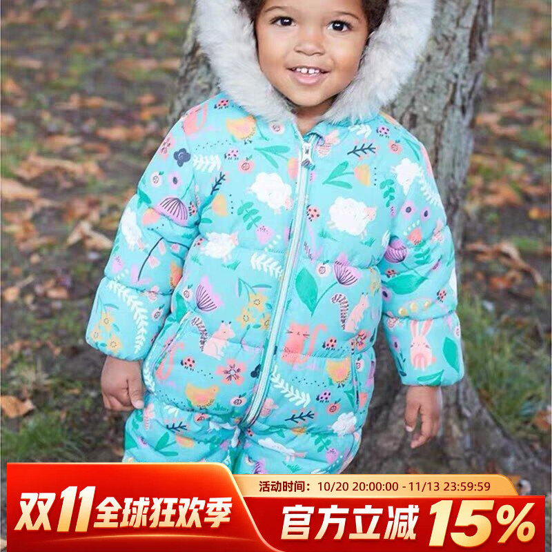英国Next童装女童女宝宝25新款蓝色动物连帽连体服棉服外套滑雪服