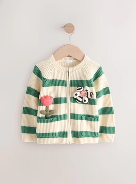 现货英国Next童装25春女童女宝宝条纹小花长袖拉链开襟毛衣针织衫