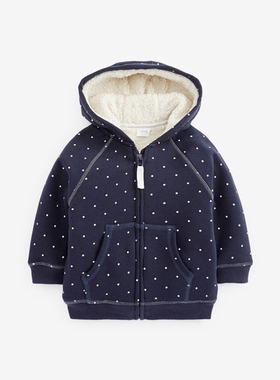 现货英国NEXT童装秋冬男女童宝宝保暖羊羔绒连帽拉链卫衣外套开衫