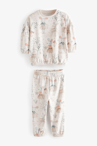 英国Next童装24新女童女宝宝碎花兔子老鼠抓绒长袖家居服睡衣睡裤