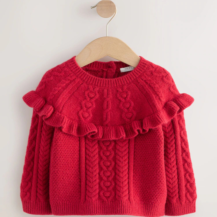 现货英国Next童装25新女童女宝宝红色麻花辫针织衫儿童套头衫毛衣