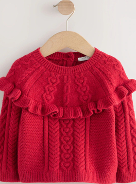 英国Next童装25新女童女宝宝红色麻花辫针织衫儿童套头衫毛衣