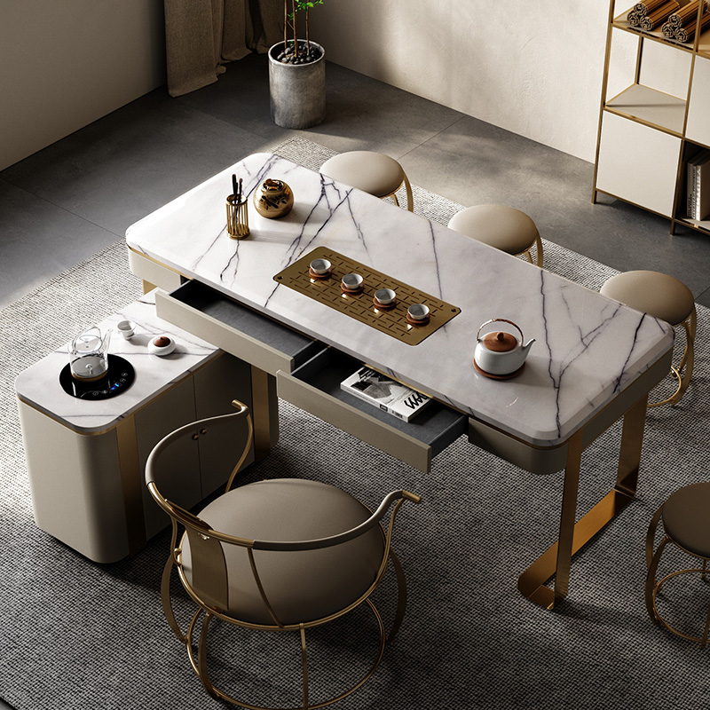 魅力大师轻奢现代功夫茶台天然大理石长方形高级感家用茶桌椅组合