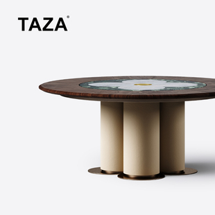 设计感胡桃木餐桌带转盘 TAZA 意式 奢石圆餐桌 别墅大宅餐厅家用