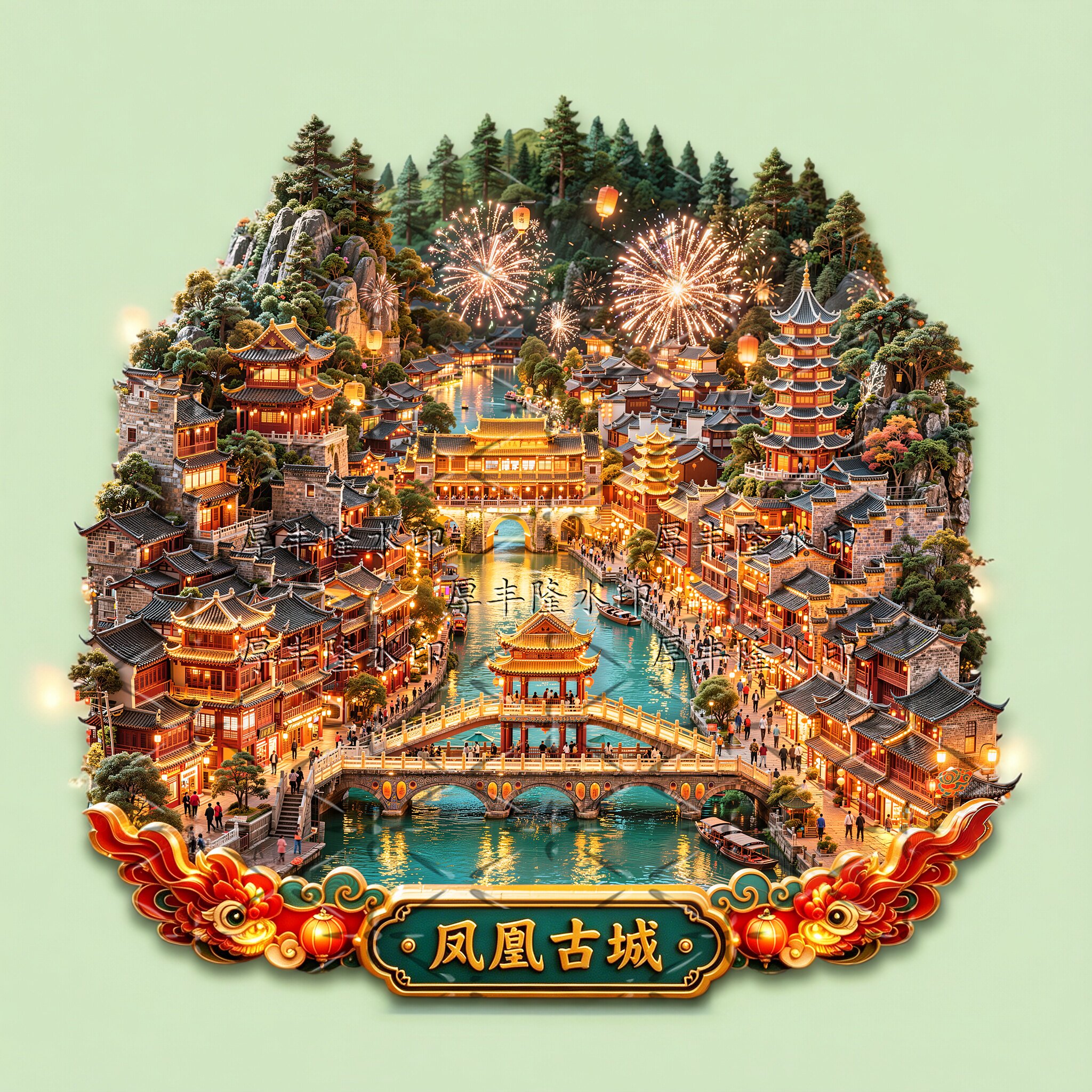 凤凰古城金属浮雕文创冰箱贴
