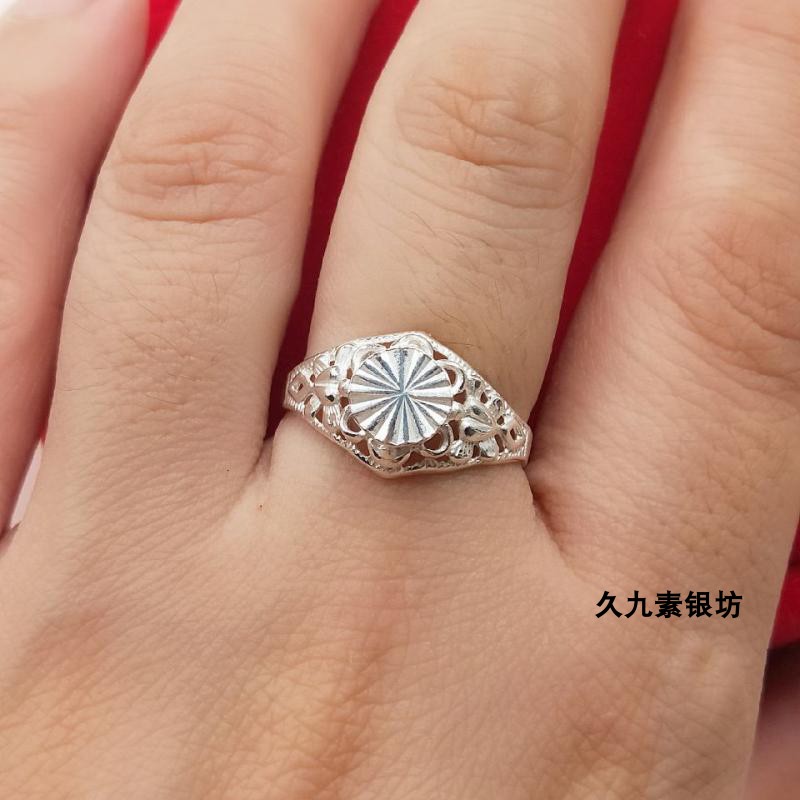包邮正品999足银开口活口车花纯银戒指女中老年花足银戒圈送妈妈
