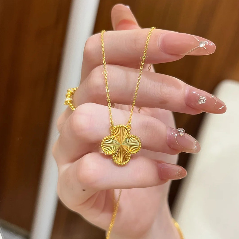 越南纯沙金四叶草项链女仿真黄金吊坠锁骨链轻奢毛衣链送女朋友