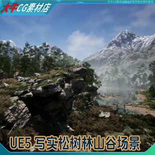 ue5虚幻 写实山林松树林森林山谷小河流水岩石雪山自然植物场景