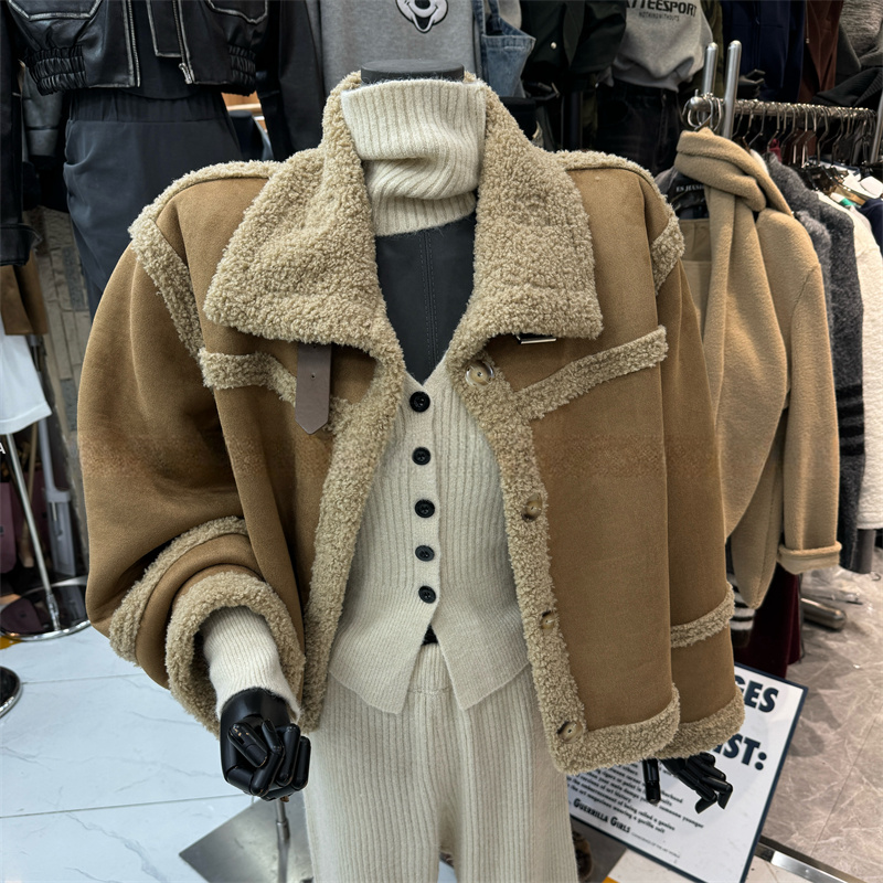 皮毛一体立领加厚羊羔毛机车外套