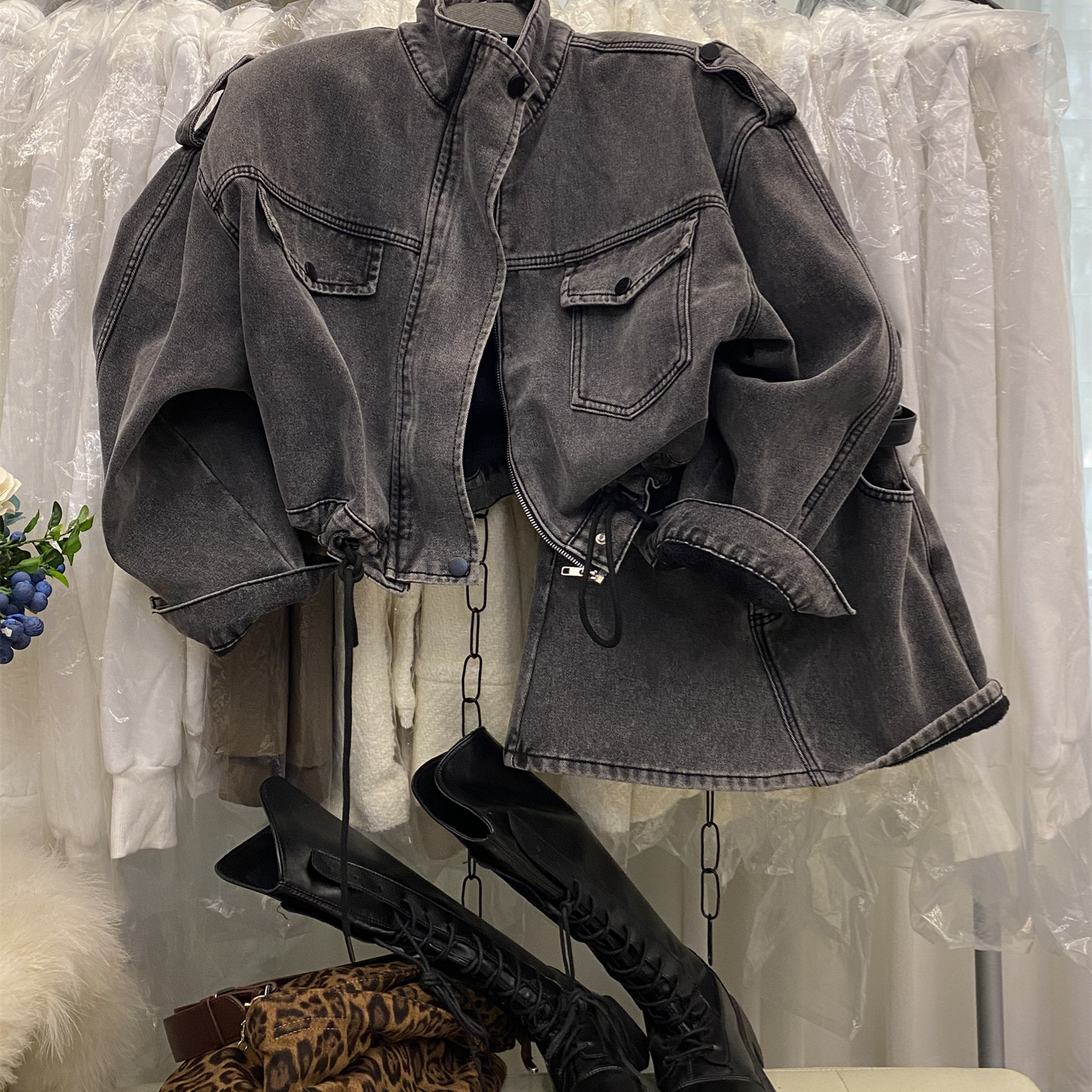 拉链翻领加绒牛仔外套半身裙套装