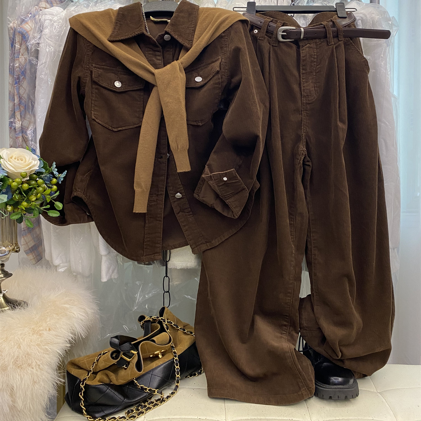 灯芯绒衬衫上衣阔腿裤披肩套装女