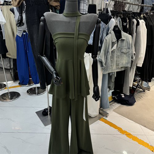 辣妹飘带抹胸上衣+阔腿裤两件套