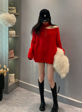 高级感洋气时尚宽松慵懒风高领红色毛衣爆款中长款针织衫露肩上衣