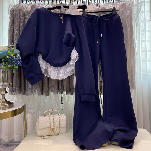 蕾丝拼接露肩卫衣搭休闲裤两件套