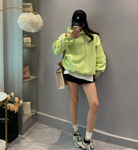 美式重磅刺绣字母加绒连帽卫衣女