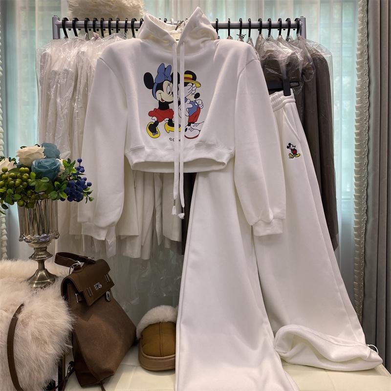 连帽加绒加厚卫衣阔腿裤两件套女