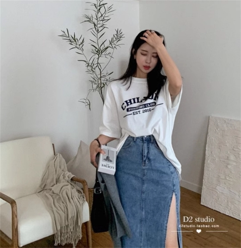 复古高腰显瘦牛仔半身裙侧开叉