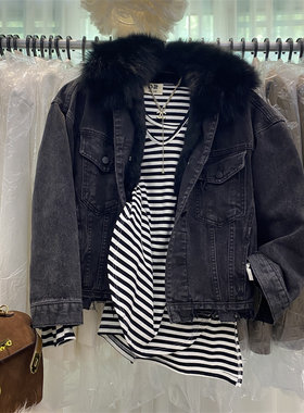 懒兔毛内胆毛领牛仔外套派克服女