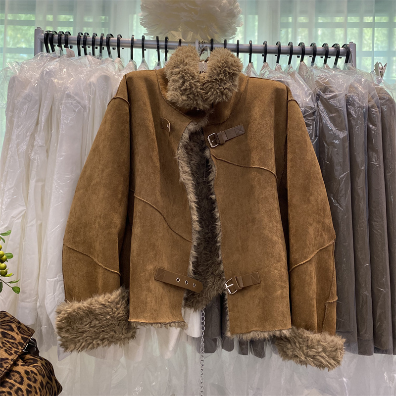 皮毛一体长毛毛机车棉服上衣外套