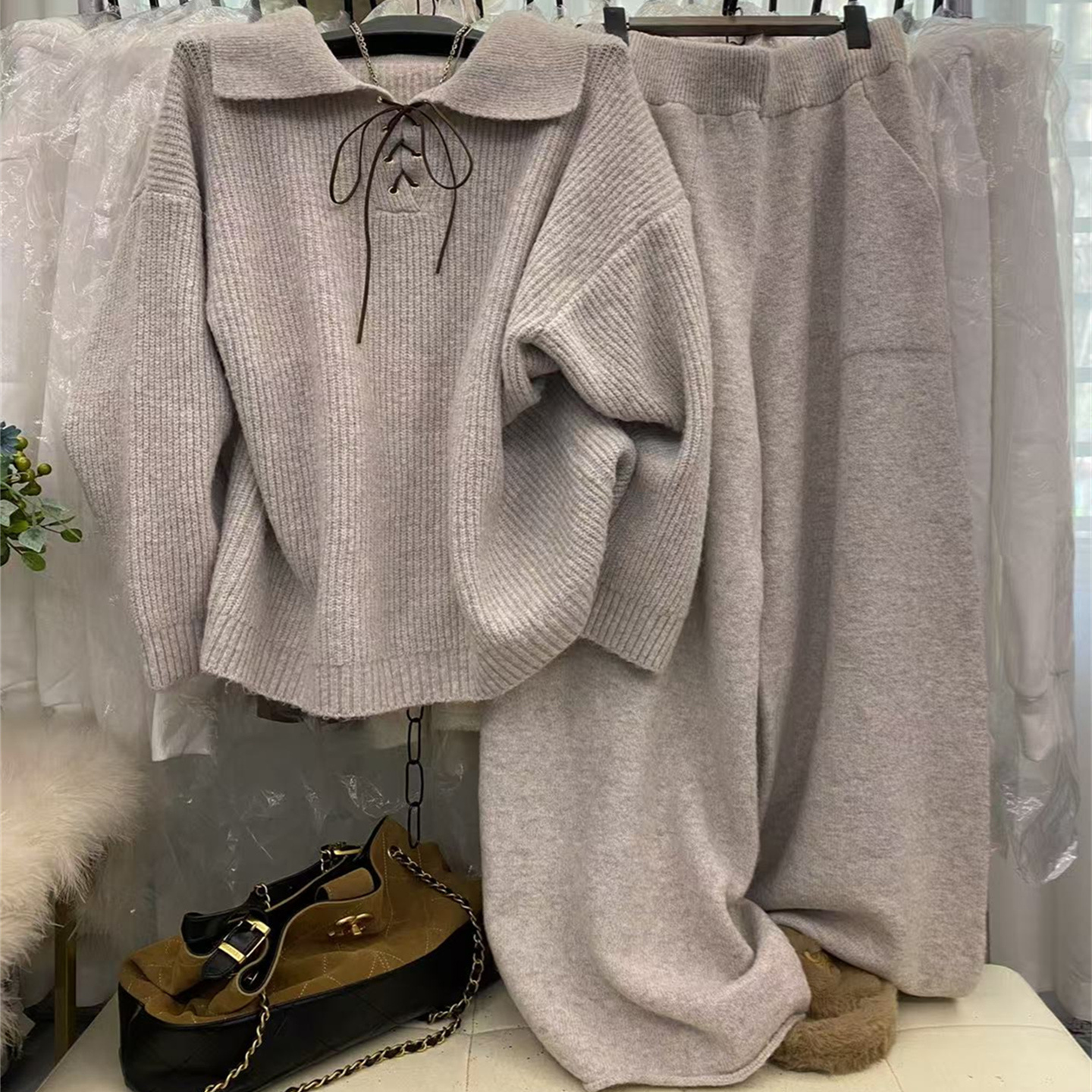 翻领系带长袖毛衣阔腿裤两件套女
