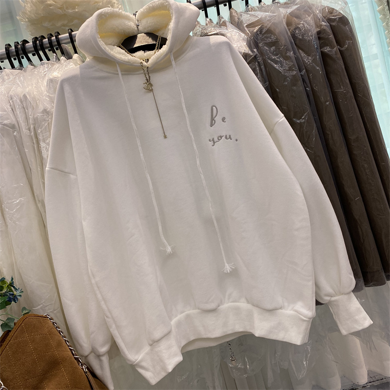 美式重磅刺绣字母加绒连帽卫衣女