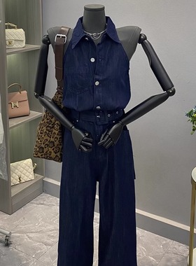 美式复古设计感小众收腰显瘦减龄深蓝色无袖马甲背心牛仔连体裤女