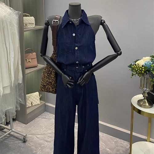 设计感深蓝色无袖马甲牛仔连体裤