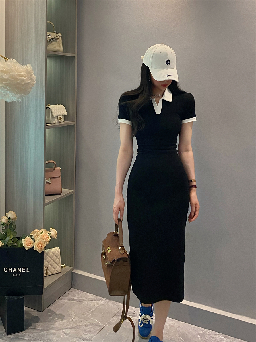 POLO领弹力修身长裙子短袖连衣裙