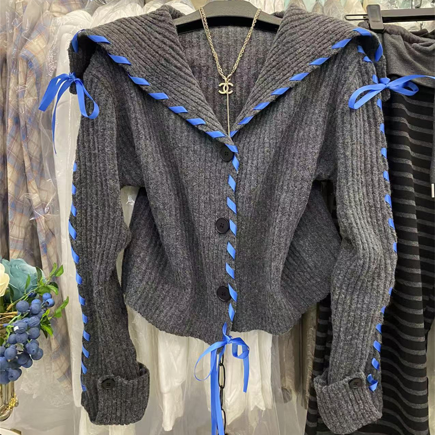 海军领短款针织开衫外套毛衣女潮