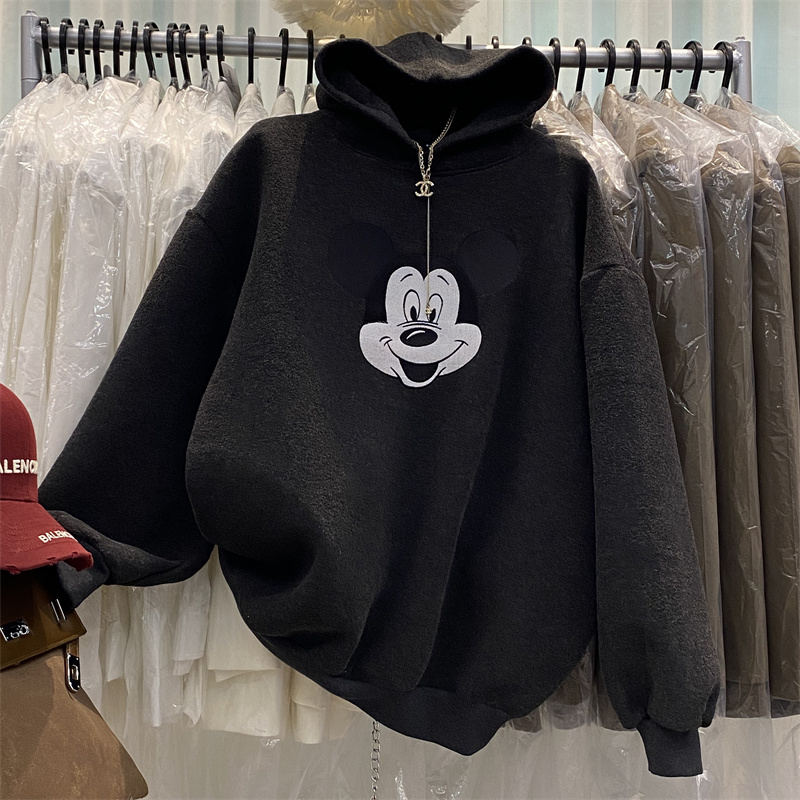 欧货大版新款加绒刺绣卡通米奇连帽卫衣女2025冬新款宽松休闲帽衫
