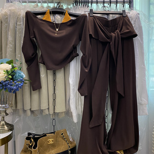 慵懒纯欲套装 屁帘 特价 新款 高腰阔腿裤 长裤 T恤 秋季 挂脖露肩长袖