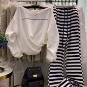 套装 2026春季 休闲百搭露肩字母卫衣抽绳松紧腰条纹喇叭裤 韩版 新款