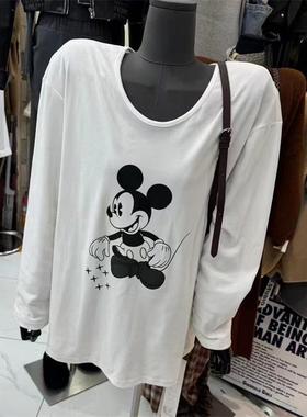 2025春季新款韩版简约宽松圆领白色卡通米奇长袖T恤女打底衫上衣