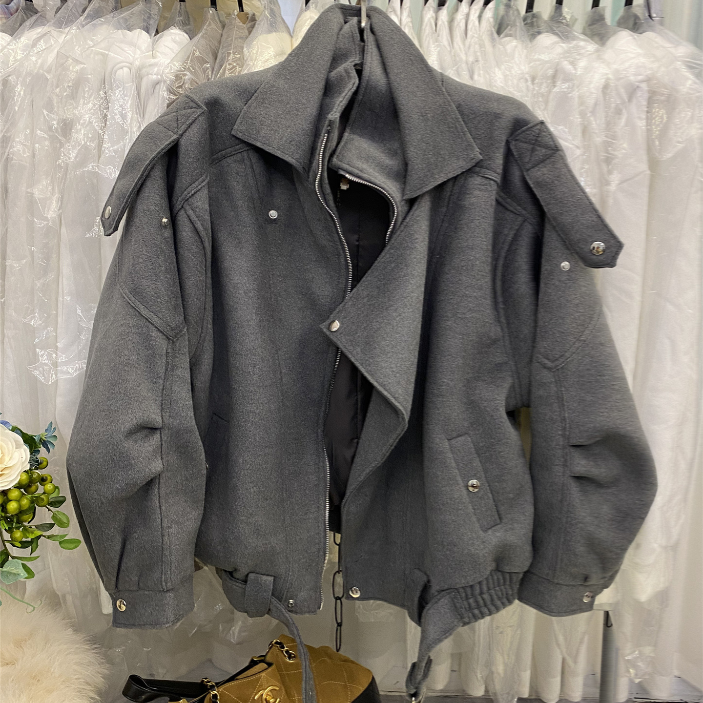 立领宽松双面绒机车服夹克上衣女