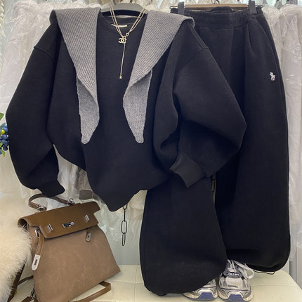 韩系小个子慵懒卫衣套装女宽松显瘦圆领加绒卫衣抽绳阔腿裤两件套