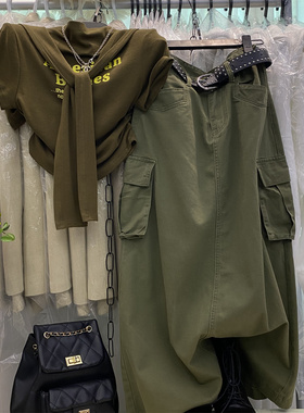 特价时尚休闲百搭双口袋工装半身裙女复古个性军绿色牛仔长裙套装