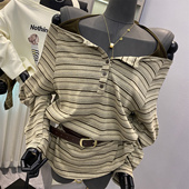 春季 新款 慵懒休闲宽松长袖 特价 上衣女挂脖露肩一字领条纹T恤罩衫