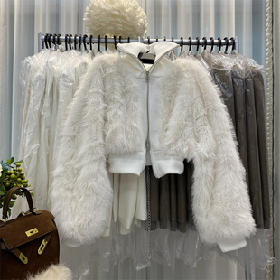 收腰白色仿懒兔毛毛外套女秋冬皮草卫衣 网红短款 今年流行爆款 冬装