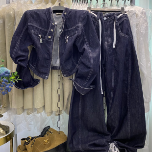 韓版 圓領拉鏈開衫 牛仔夾克上衣外套搭高腰顯瘦闊腿褲 兩件套女 新款