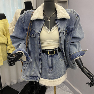 羊羔毛翻领加绒拉链牛仔外套包臀半身裙两件套女 时尚 韩系秋季 新款