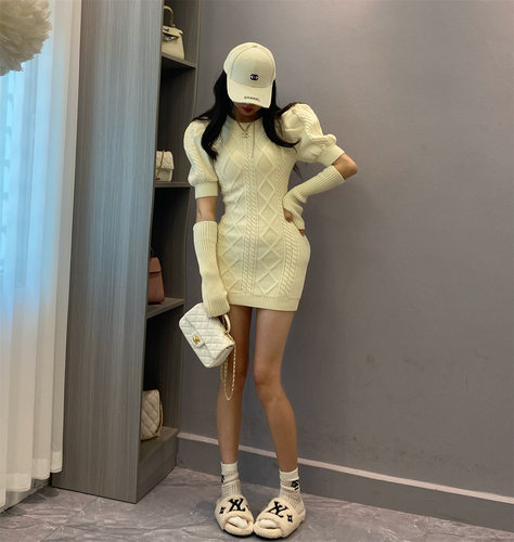 袖套泡泡袖短袖毛衣连衣针织短裙