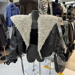 特价东大门新款复古羊羔毛大翻领短款皮衣外套小众加厚棉衣夹克女