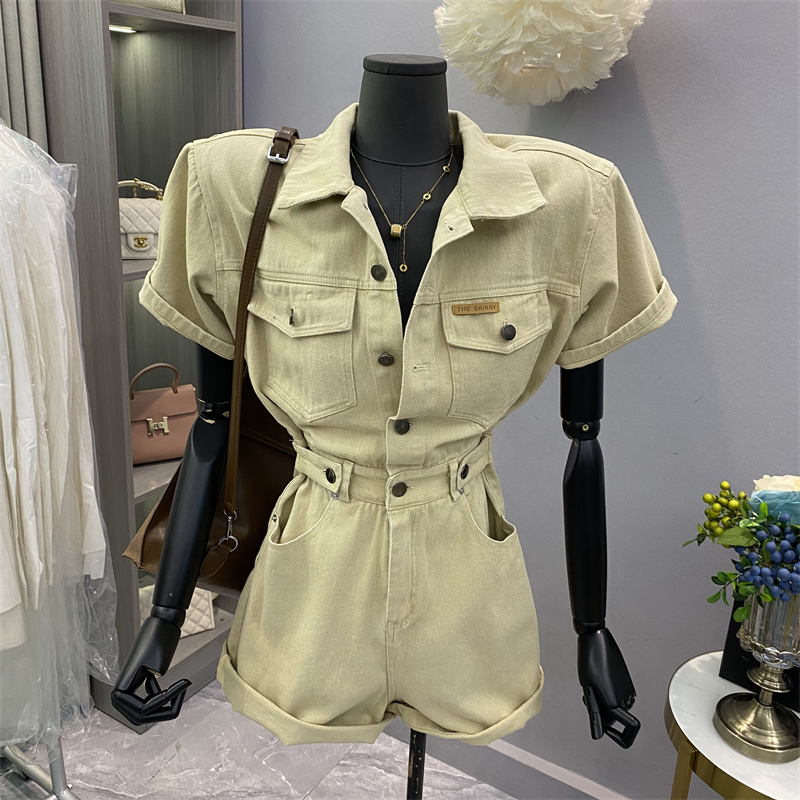 工装连体裤2025夏装韩版宽松港味显瘦高腰休闲阔腿短裤牛仔连体衣