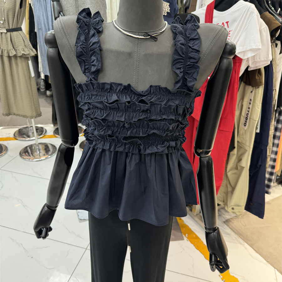 褶皱吊带木耳边吊带背心娃娃衫女