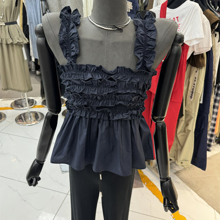 特价夏季新款时尚百搭显瘦木耳边褶皱吊带背心女设计感娃娃衫上衣