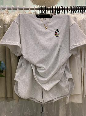 高级感灰色时尚减龄套装女圆领刺绣短袖t恤+短裤慵懒风休闲两件套