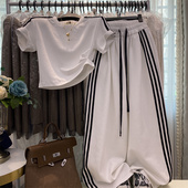 宽松休闲运动裤 短袖 阔腿裤 美式 两件套洋气时尚 正肩修身 T恤套装 女