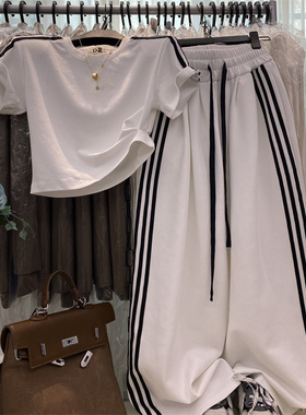 美式宽松休闲运动裤阔腿裤两件套洋气时尚正肩修身短袖T恤套装女