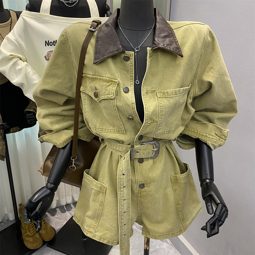 皮领单排扣长袖短裤牛仔连体衣女