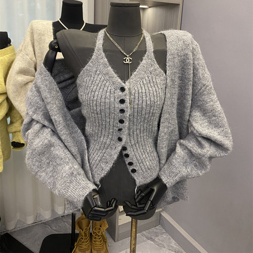挂脖背心V领长袖开衫毛衣两件套